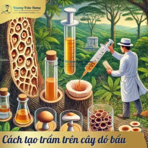 Hình minh họa cách tạo trầm trên cây dó bầu, mô tả chi tiết các phương pháp như tiêm hóa chất, cấy vi sinh vật và khoan lỗ truyền thống trong môi trường rừng nhiệt đới.