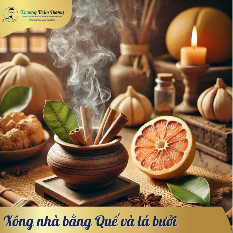 Quế khô và lá bưởi được đốt trong lò đất nhỏ, tỏa ra khói thơm dịu, tạo không gian thanh tịnh.