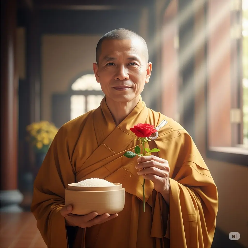 Hình ảnh Bồ Tát Mục Kiền Liên với lòng hiếu thảo và bông hồng đỏ biểu tượng cho Lễ Vu Lan báo hiếu cha mẹ.