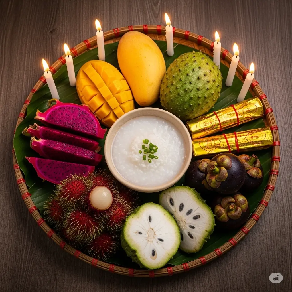 Mâm cúng chúng sinh chay tịnh và đầy đủ lễ vật.