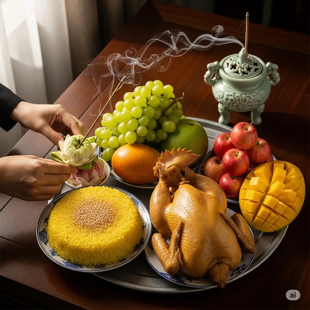 Mâm cúng gia tiên ngày Lễ Vu Lan được chuẩn bị chu đáo với xôi, gà và nhang trầm hương để tỏ lòng thành kính.