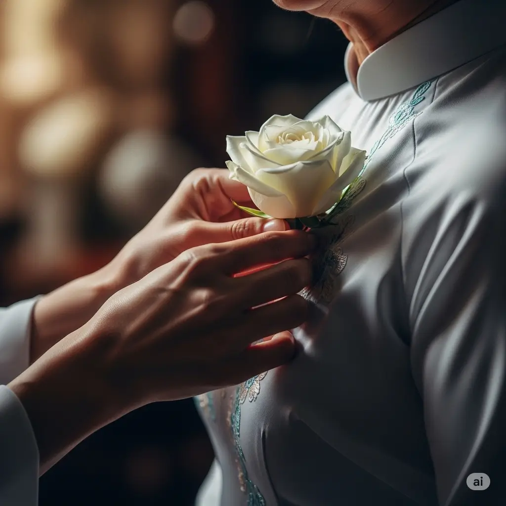 Nghi thức cài bông hồng trắng lên ngực áo trong ngày Lễ Vu Lan để tưởng nhớ công ơn cha mẹ đã khuất.