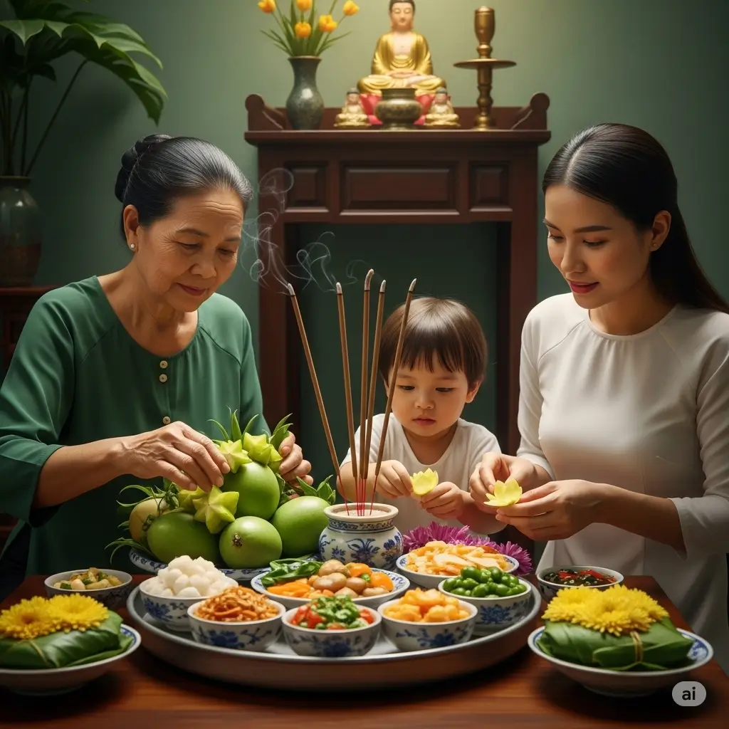 Gia đình Việt Nam chuẩn bị mâm cúng chay cho lễ Vu Lan với hương trầm.