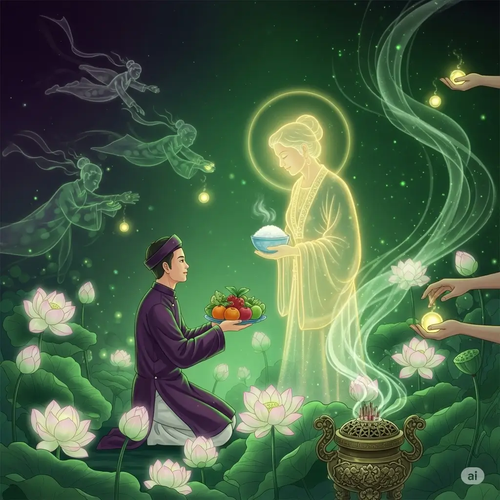 Hình ảnh minh họa mang tính biểu tượng của câu chuyện Lễ Vu Lan với cảnh Mục Kiền Liên cứu mẹ và dâng lễ vật cho các vị thần.
