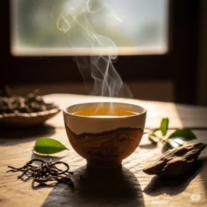 Tách trà trầm hương ấm nóng giúp an thần và thư giãn tinh thần.