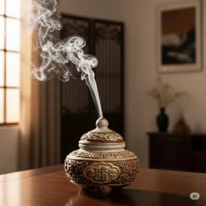 Xông trầm hương trong lư gốm giúp thanh tẩy không gian, trừ tà khí, mang lại cảm giác bình yên và thư thái.