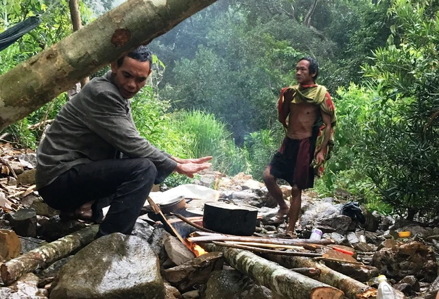 Hình ảnh một người phu trầm đang đi trong rừng sâu với dụng cụ chuyên dụng