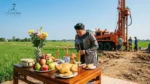 Lễ cúng động thổ khoan giếng trang nghiêm tại Việt Nam với mâm cúng đầy đủ và máy khoan giếng phía sau.