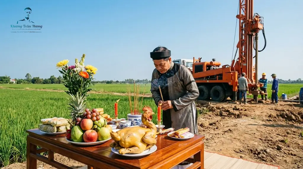 Lễ cúng động thổ khoan giếng trang nghiêm tại Việt Nam với mâm cúng đầy đủ và máy khoan giếng phía sau.